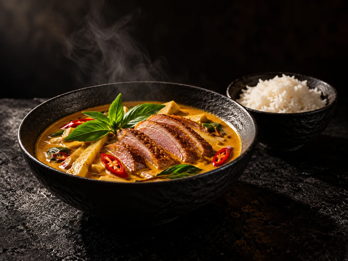 Beispielbild: Ein Curry mit Entenbrust und Reis auf mattschwarzem Geschirr