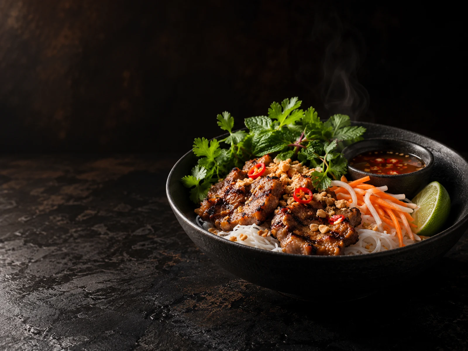 Beispielbild: Eine vietnamesische Bun Bowl mit Reisnudeln, gegrilltem Fleisch und frischen Kräutern auf mattschwarzem Geschirr