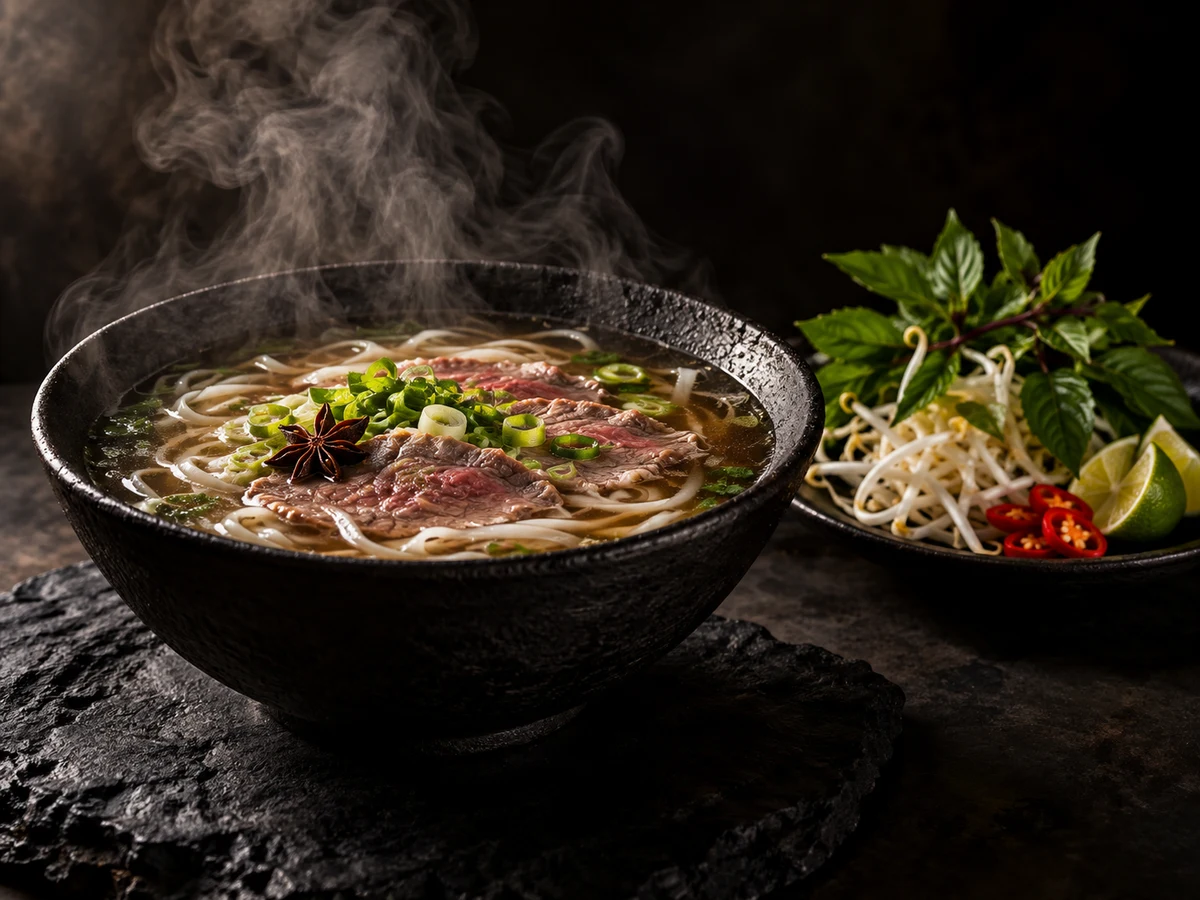 Beispielbild: Eine Schale Pho mit Rindfleisch, Reisnudeln und frischen Kräutern
