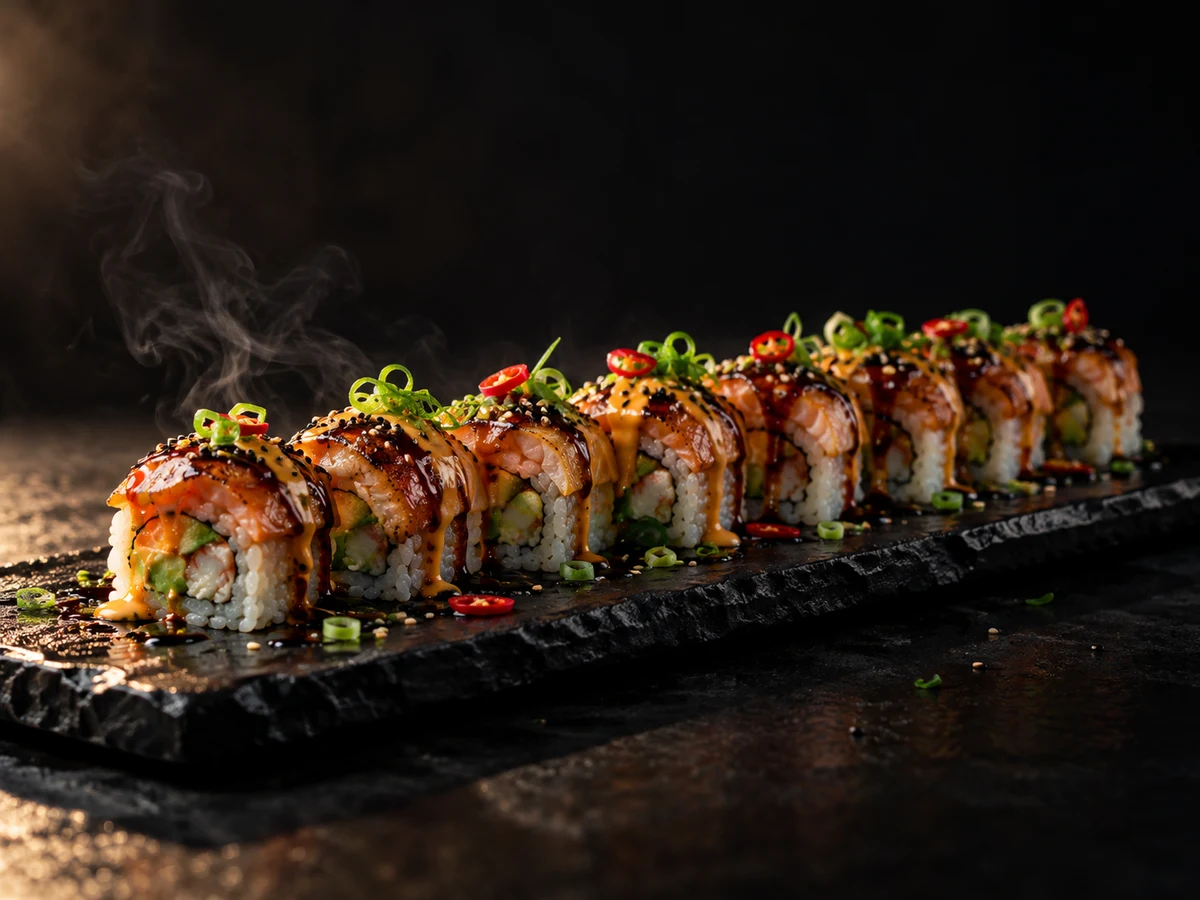 Beispielbild: Flambierte Sushi-Rollen mit Sauce auf schwarzem Schieferteller