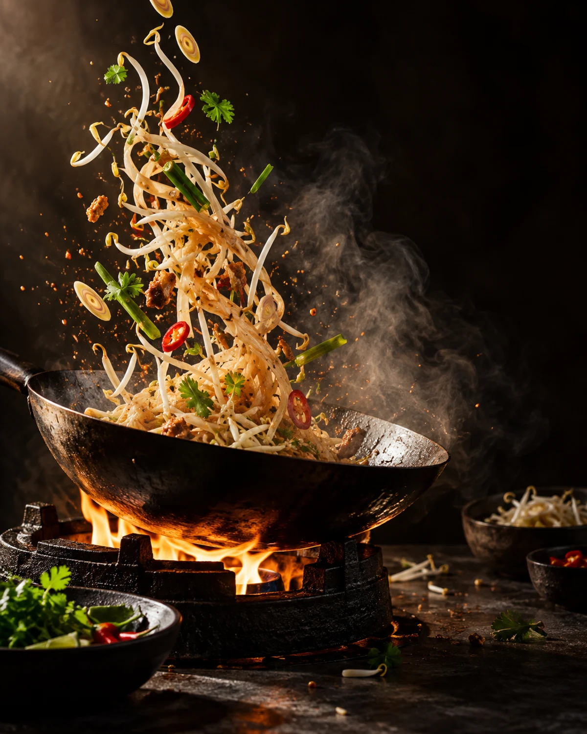 Beispielbild: Ein Wok über offener Flamme, Nudeln und Zitronengras in der Luft